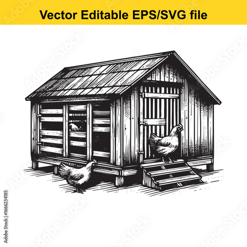 Vintage black and white illustration of a chicken coop with chickens, isolated on white background