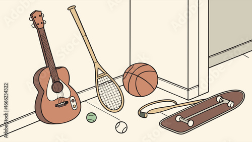 Guitar, tennis racket, basketball, skateboard, and sports equipment. Hobbies, recreation, and youth activities at home.