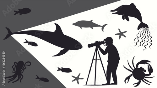 Photographer with camera observing diverse marine life. Ocean exploration, underwater wildlife discovery, shark, whale, fish silhouettes.
