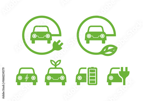 Ev car icon set. Vector set electronic car in green color design. Ev Car variation.