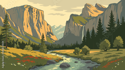 Stunning mountain valley landscape with a winding river, lush green forest, and majestic cliffs. Nature wilderness scenery.