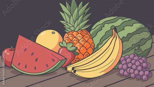 Fresh healthy fruit assortment still life. Organic produce with watermelon, pineapple, bananas, orange, grapes, apple.