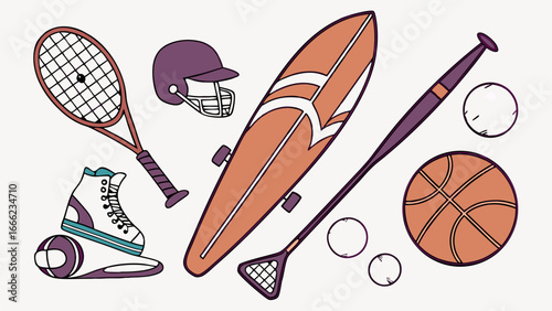 Sports equipment collection featuring various gear, active lifestyle, fitness, recreation, and game accessories.