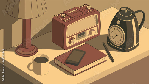Cozy morning still life with vintage radio, alarm clock, book, smartphone, and coffee on a nightstand. Home comfort.