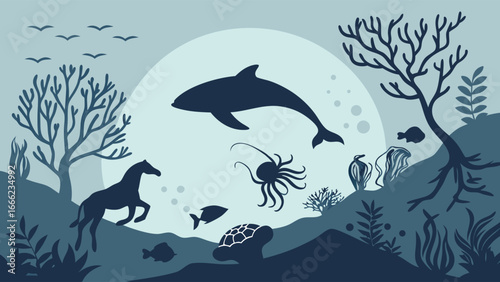 Nature biodiversity illustration with whale, octopus, turtle, horse, fish, and trees. Wildlife ecosystem silhouette.
