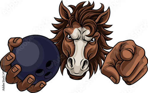 Horse mustang bronco stallion angry bowling sports team mascot holding a ball.