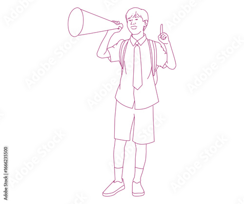  Cheerful schoolboy shouting through megaphone