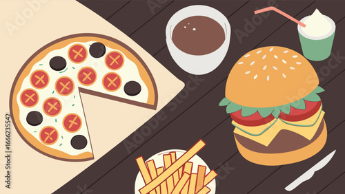 Classic fast food meal flat lay with pizza, burger, fries, and drink. Unhealthy eating and takeaway food top view.