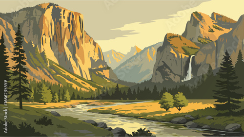 Scenic mountain valley landscape with a winding river, majestic cliffs, waterfall, and green forest at golden hour sunlight.