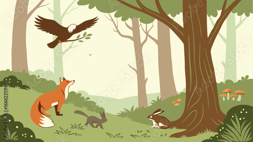 Forest animals illustration. Wild fox, eagle, rabbit, and skunk in a green woodland nature scene. Wildlife habitat.