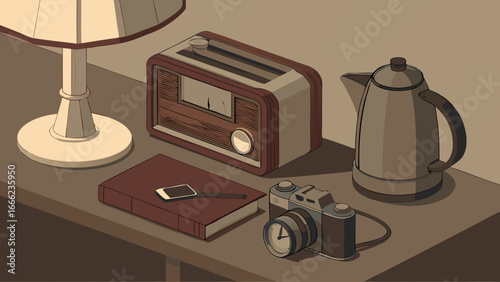 Retro home objects still life with vintage appliances, old radio, lamp, modern phone, camera, and book on table.