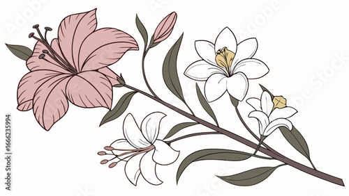 Elegant pink and white lily flowers on a branch. Beautiful floral illustration, botanical vector art for spring and summer designs.