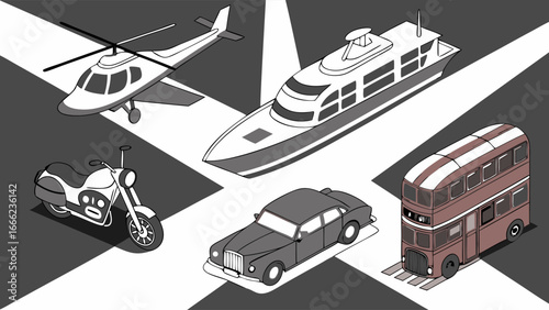 Different modes of transport: helicopter, yacht, motorcycle, luxury car, and double-decker bus. Isometric illustration.