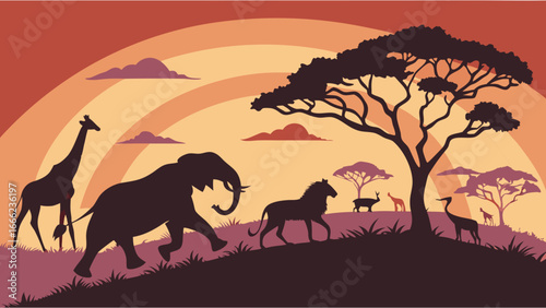 African safari wildlife animals silhouettes at sunset on savanna landscape. Elephant, giraffe, wildebeest vector art.