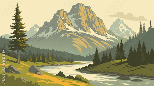 Vector illustration of a scenic mountain landscape with a flowing river and green forest. Peaceful nature outdoor scenery.