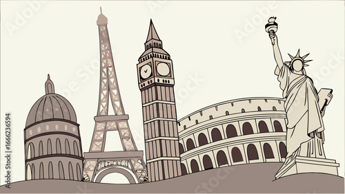 Iconic World Landmarks Travel Illustration. Famous Global Destinations and International Tourism Icons.