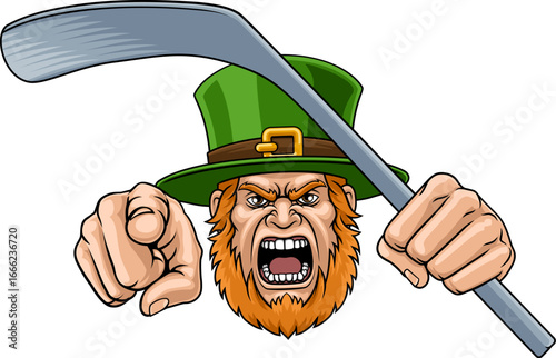 An angry Leprechaun Celtic Irish cartoon character holding hockey stick and pointing ice hockey sports team mascot illustration.