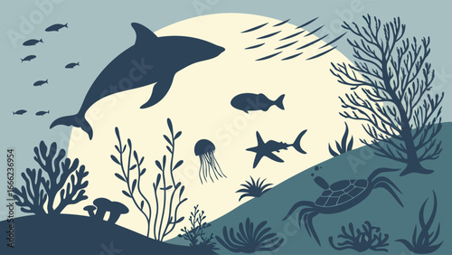 Ocean marine life silhouettes. Underwater scene with dolphin, shark, sea turtle, fish, and coral. Aquatic nature background.