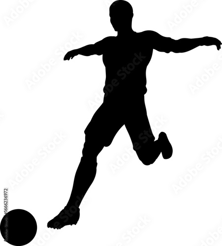 A football soccer player sports man in silhouette kicking the ball.
