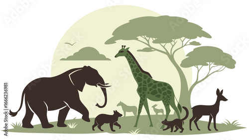 African safari wildlife animals vector illustration set. Elephant, giraffe, deer, and cubs in savanna nature landscape.