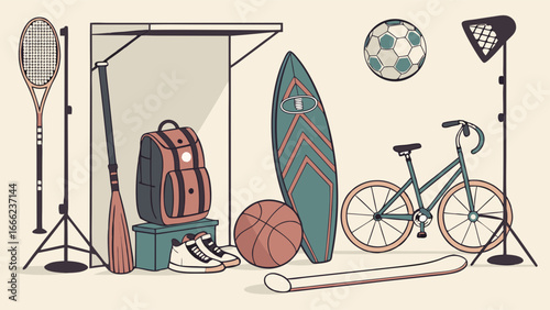 Variety of sports equipment and gear for active lifestyle, hobbies, and fitness. Recreation, healthy living, and exercise.