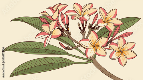 Tropical Plumeria flowers botanical illustration. Frangipani bloom with green leaves. Exotic summer floral drawing.