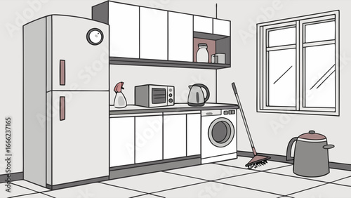 Clean modern kitchen and utility room interior with household appliances, refrigerator, washing machine, microwave.