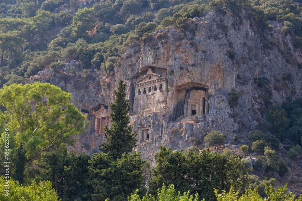 Fototapeta premium Cliffside tombs in a green landscape - Caunos Tombs of the Kings - Dalyan - Mugla - Turkey