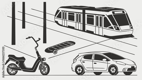 Modern urban transportation. Car, train, scooter, skateboard. City mobility, travel, commute, and transport options.