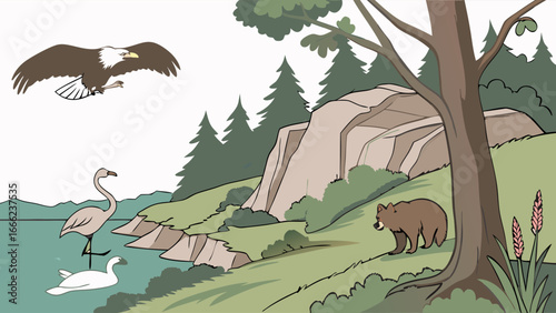 Cartoon wild animals in natural forest and lake landscape. Bear, eagle, swan, and wading bird. Nature wildlife illustration.