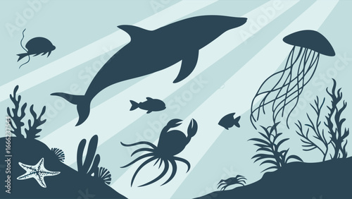 Underwater ocean marine life silhouette. Dolphin, jellyfish, octopus, crab, fish, starfish. Sea nature background with sun rays.