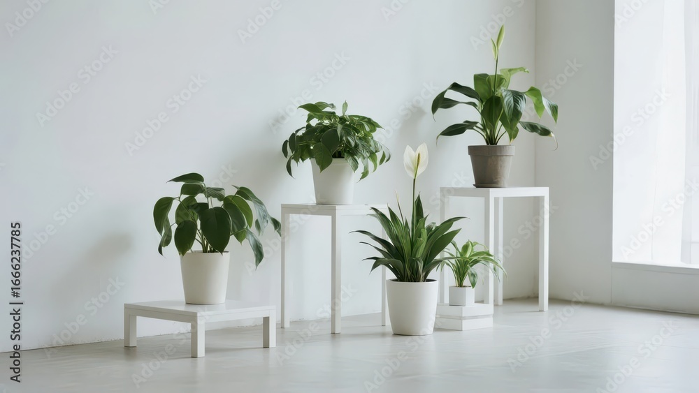 Fototapeta premium In a sunlit indoor space, various green plants and potted plants are placed, creating a fresh, natural and vibrant indoor garden atmosphere.