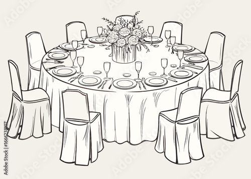 Elegant round dining table set for a formal event with floral centerpiece
