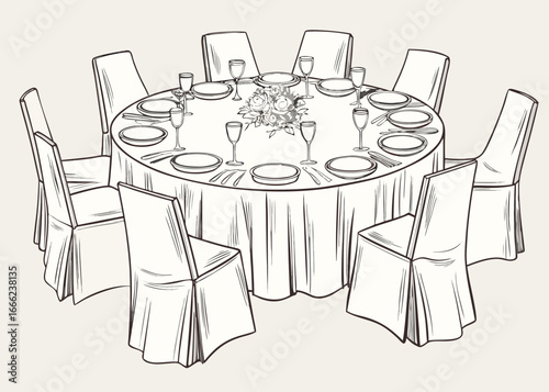 Elegant round dining table set for a formal event with floral centerpiece