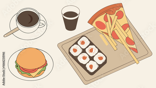 Popular fast food items illustration. Pizza, burger, sushi, french fries, coffee, soda. Unhealthy meal and takeout concept.