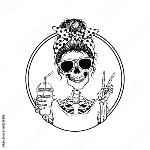Vector art of skeleton with sunglasses and a drink, making a peace sign
