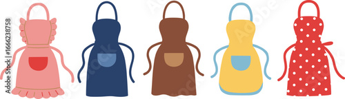 Colorful kitchen aprons collection, retro vintage cooking wear, cute frilly designs, stylish household accessories for chefs, bakers, and homemakers