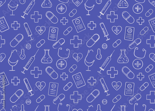 Seamless pattern of medical icons with a hand drawn style on a blue background