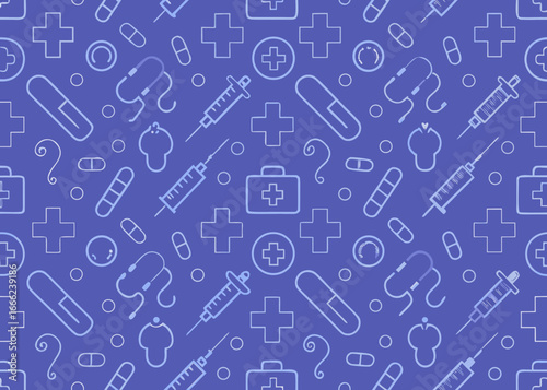 Seamless medical pattern with healthcare symbols and equipment