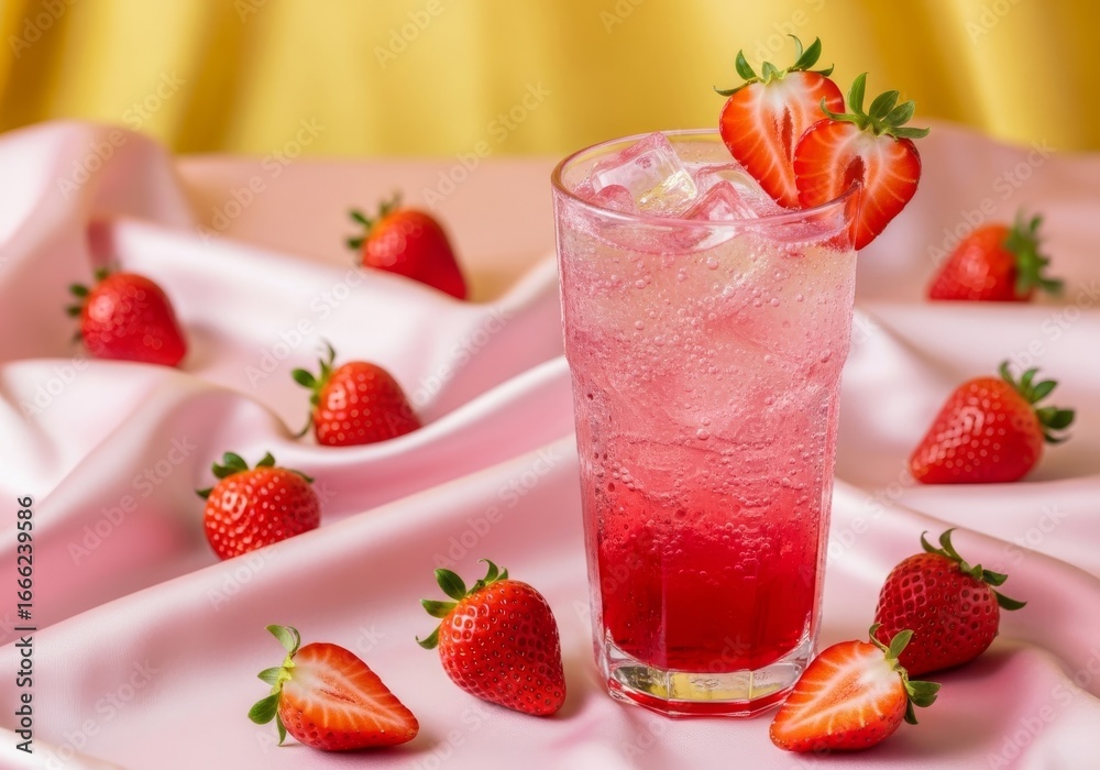 custom made wallpaper toronto digitalStrawberry iced soda in tall glass, sparkling bubbles with ice cubes, fresh strawberries on pastel pink satin, medium shot