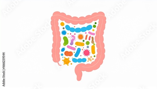 Abstract illustration of the human gut microbiome with colorful bacteria and microbes, representing gut health, digestion, and wellness.

