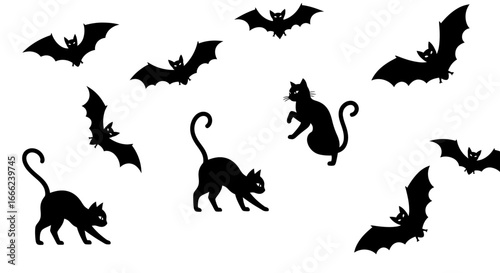 Flat lay of black silhouettes of cats and bats against a white background, creating a spooky Halloween design.