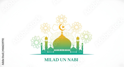 Elegant colorful Islamic mosque pattern with crescent moon elements perfect for Milad un Nabi and Ramadan Kareem poster