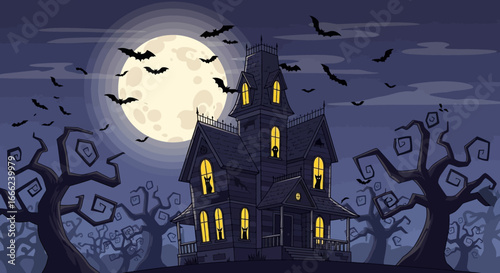 Spooky haunted house illustration, full moon backdrop, dark night scene, flat cartoon style, Halloween theme, bats flying.