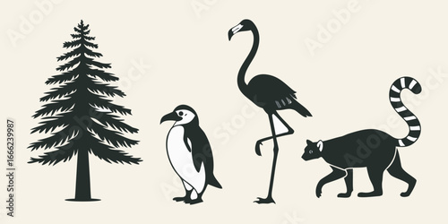 bundle of 10  sllhouettes pine tree penguin flamingo lemur solidblack fill not text unit,white background.optimizod foreasy tracing and vector conversion