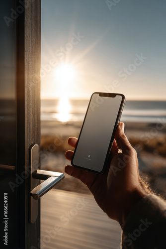person manages to open door using virtual key in bright sunlight of clear day