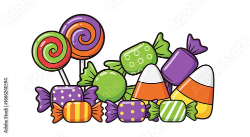 Flat lay of assorted Halloween candies including lollipops, wrapped candies, and candy corn against a white background, featuring vibrant orange, purple, and green