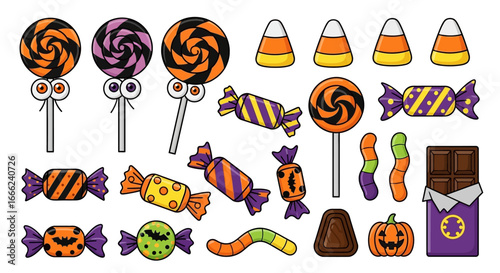 Flat lay of assorted Halloween candies against a white background, including lollipops, candy corn, chocolate bars, and gummy worms; illustrated in a vibrant, playful