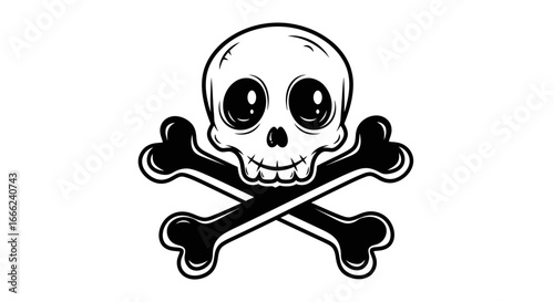 Cute cartoon skull and crossbones graphic illustration in black and white against a clean white background, simple flat design style, conveying a playful yet slightly