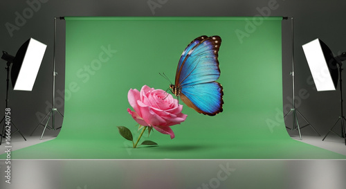 A vibrant blue butterfly rests on a pink rose, photographed in a studio against a bright green screen with professional lighting. This image is ready for background removal.